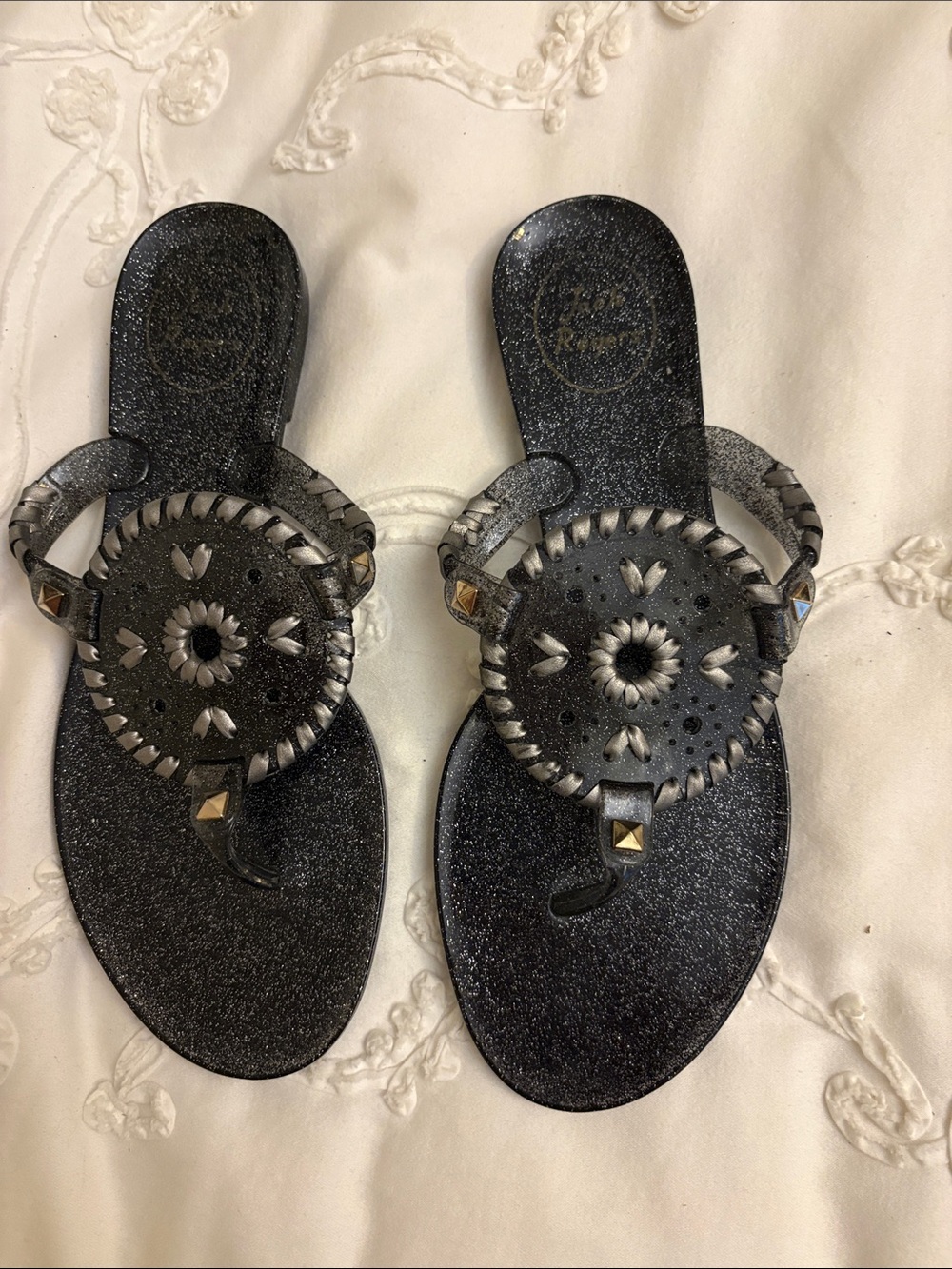 Jack Rogers Black Glitter Round-Medallion Sandals New w/o tags